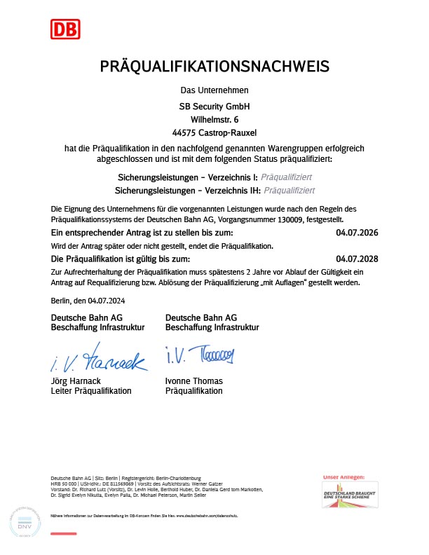 Präqualifikationsnachweis der Deutschen Bahn (DB) für die SB Security GmbH