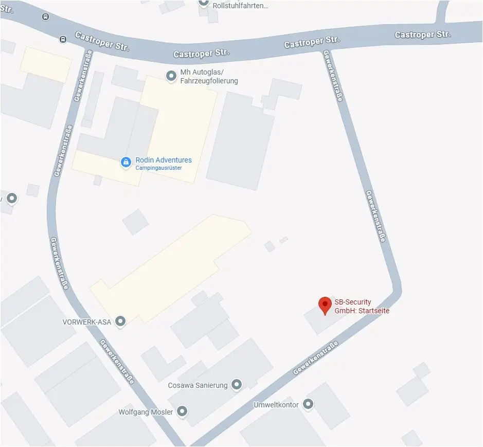 Kartenausschnitt mit dem Standort der SB-Security GmbH in der Gewerkenstraße 9A in Herne . Anfahrt und Lage im Gewerbegebiet